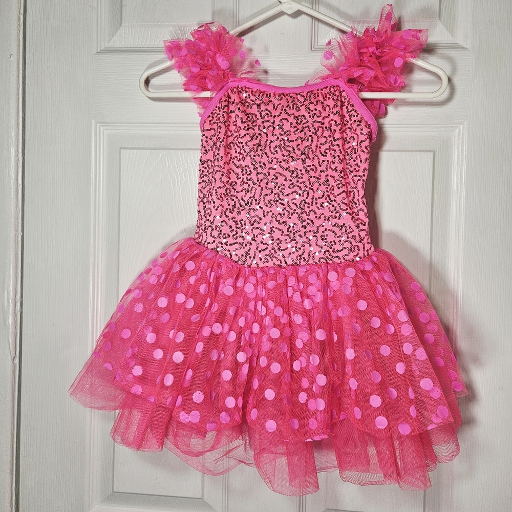 Weissman Hot Pink Sequin Dance Costume, Tulle Skirt, Sz IC 7/8